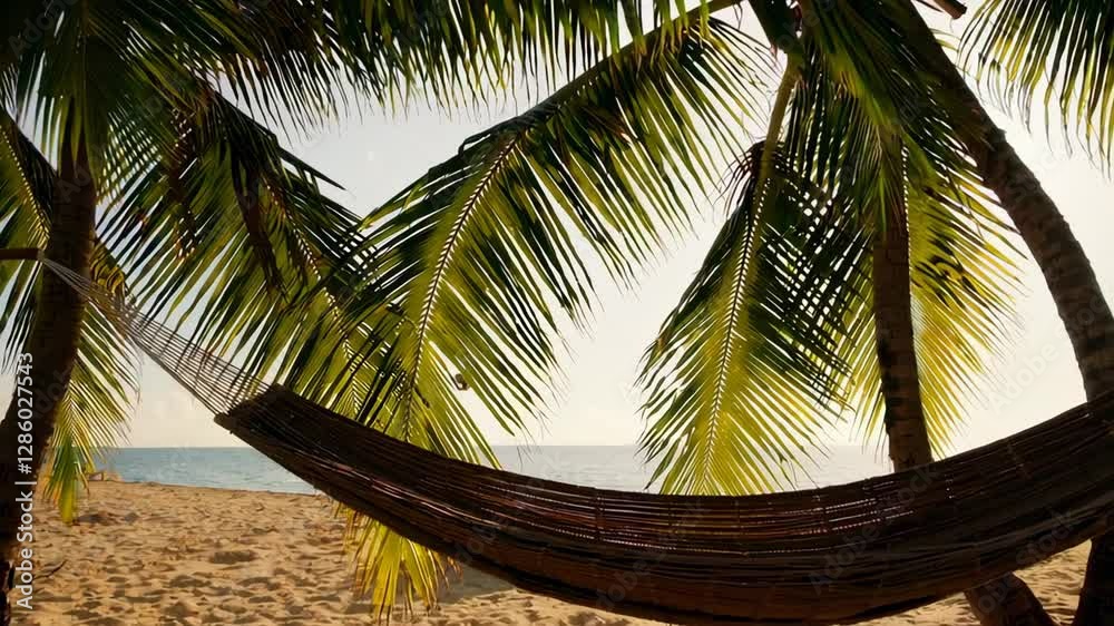 Poster gentle breeze swinging an empty hammock between two palm trees on a beautiful tropical beach with wh