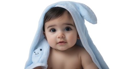 Cute baby wrapped in a blue bunny towel with a gentle expression, sitting indoors
