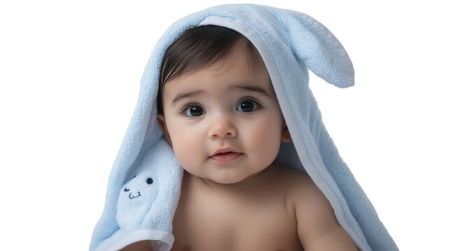 Cute baby wrapped in a blue bunny towel with a gentle expression, sitting indoors