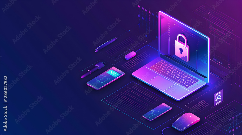 Poster digital security workspace featuring a laptop with a lock symbol, surrounded by devices and data