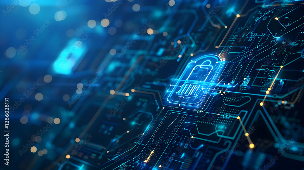 Poster abstract digital circuitry background with a focus on a padlock symbolizing cybersecurity and techno