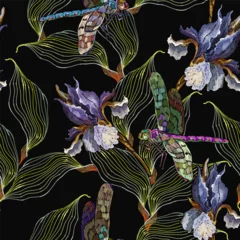Blue irises flowers and dragonflies seamless pattern. Embroidery. Summer garden concept. Fashion art nouveau template for clothes, t-shirt design © Matrioshka