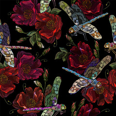 Embroidery red roses flowers and  dragonflies. Floral seamless pattern. Fashion template for clothes, textiles. Summer garden art. Botanical illustration