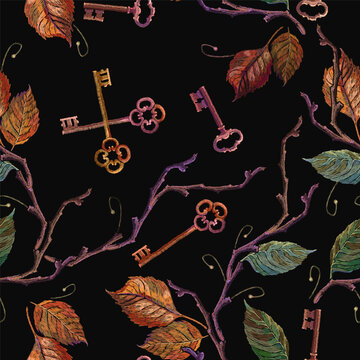Golden vintage keys and autumn leaves seamless pattern. Embroidery art. Romantic summer background. Template fashionable clothes, t-shirt design