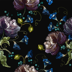 Violets flower. Fashion nature template for clothes, textiles, t-shirt design. Embroidery seamless pattern