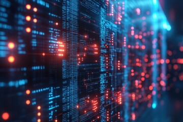 Obraz premium Exploring the vibrant world of digital data flow illuminating a high-tech environment at twilight. Generative AI