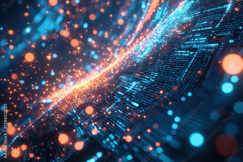 Poster vibrant abstract composition of glowing particles and flowing lines creating a mesmerizing digital l