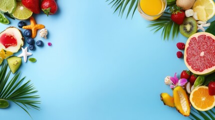 Colorful Tropical Fruit Arrangement with Fresh Juice on Blue Background