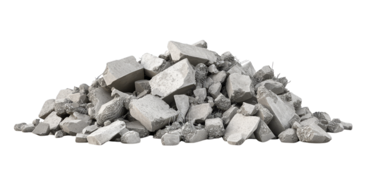 Pile of concrete rubble and rocks on transparent background