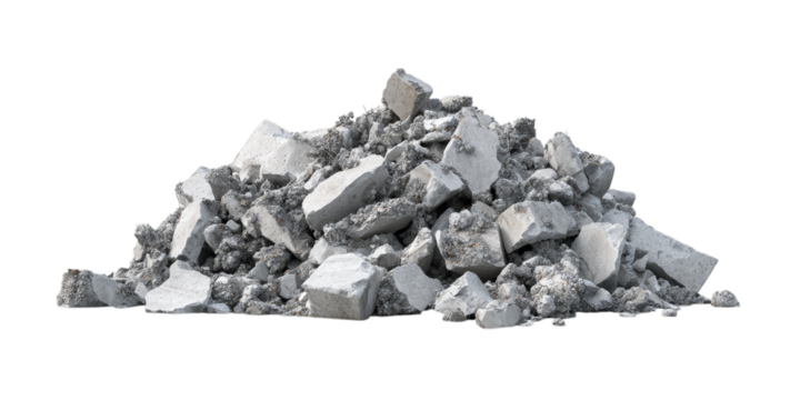 Pile of broken concrete chunks on transparent background