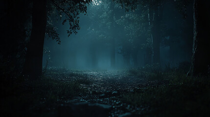 Fototapeta premium Dark Foggy Forest at Night with Moonlight