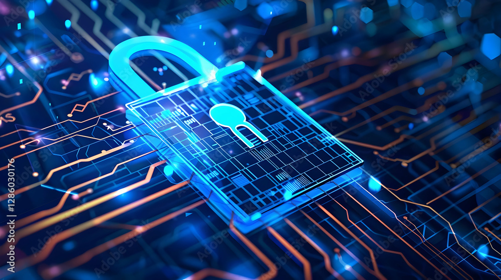 Poster digital lock symbolizing cybersecurity on abstract circuit board background with glowing elements