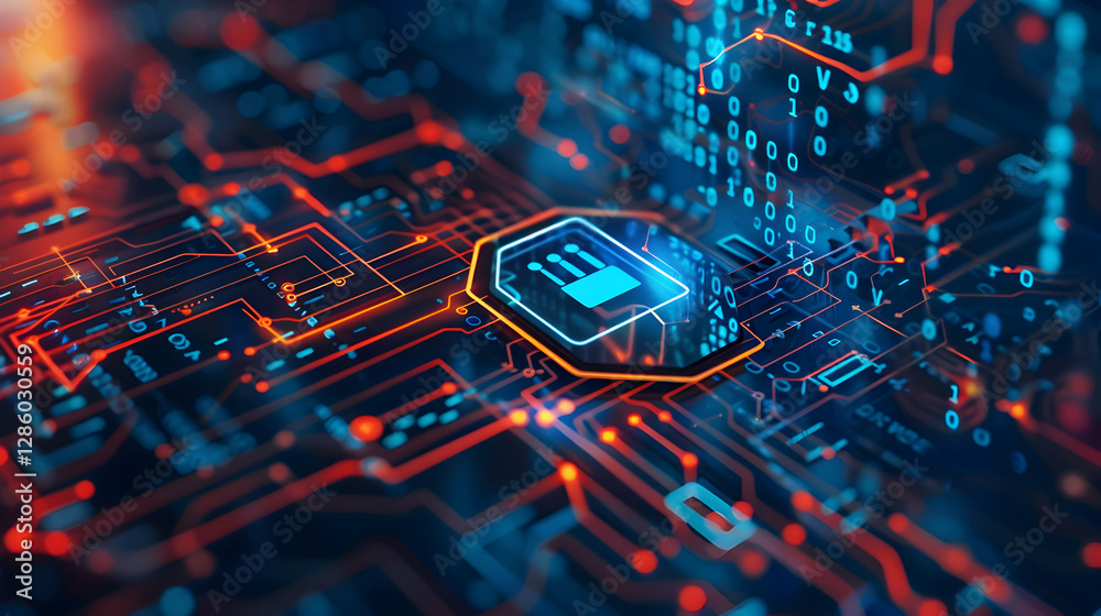 Wall mural abstract digital circuit board with glowing lines and a central processor, showcasing technology