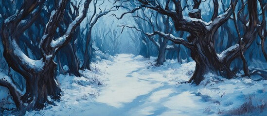 Snowy path through a dark winter forest.
