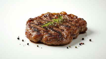Juicy fried beef steak with a crispy exterior, deliciously tender, against a minimalist white background, photorealistic and highquality AI food image