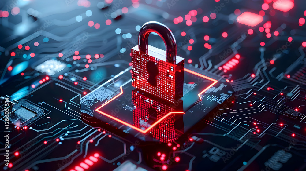 Poster digital padlock on a circuit board surrounded by glowing data streams and technology elements
