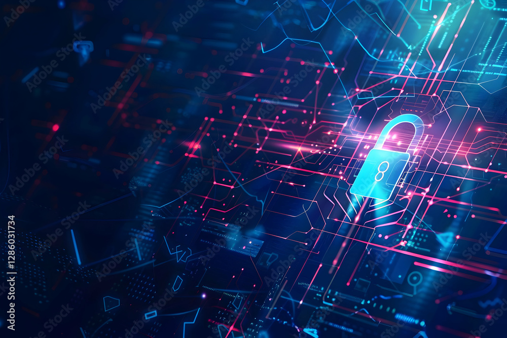 Poster digital lock symbolizing cybersecurity amidst vibrant technological data streams and patterns