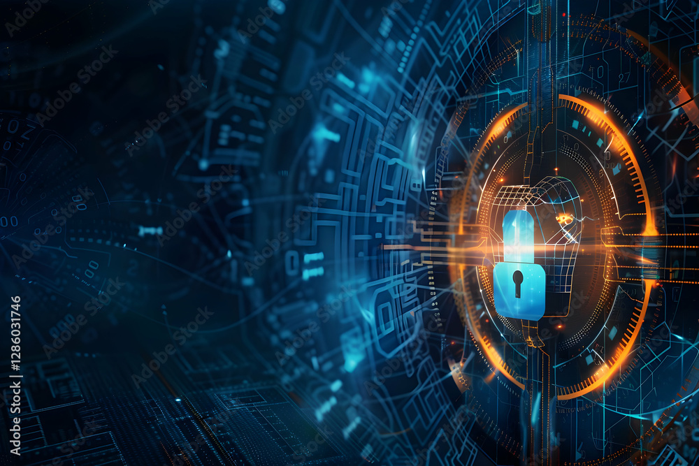 Poster digital lock symbolizing cybersecurity with futuristic technology background and data flow