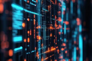 Fototapeta premium Vibrant digital matrix depicting data flows and neon lights in an abstract technology landscape. Generative AI