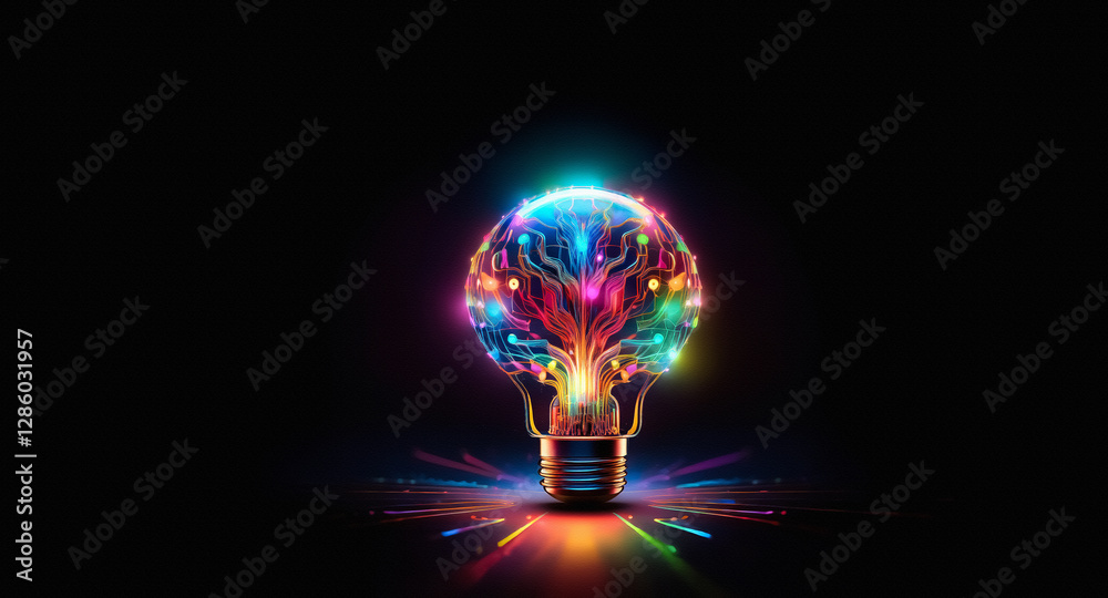 Aufkleber A luminous light bulb with a vibrant, brain-like core radiates against a stark black setting, representing inventive concepts and bright ideas.