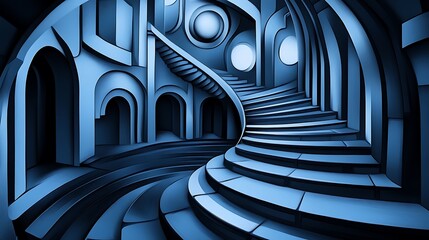 Fototapeta premium Digital Painting of a Spiraling Staircase in a Blue, Abstract Palace AI Generated