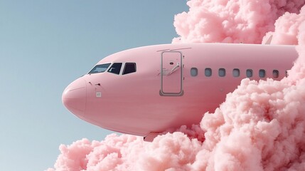 Pink Airplane Flying Through a Fluffy Cloud of Pink Smoke Against a Clear Blue Sky