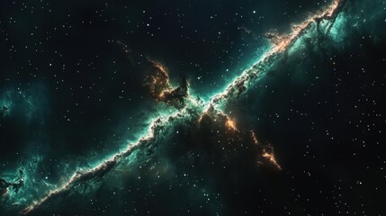 A deep-space rift fractures a nebula, stretching its glowing tendrils into surreal interstellar waves