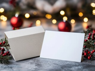 Elegant Empty Card and Box with Christmas Decorations and Lights
