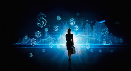 A businesswoman's silhouette stands before a bright digital screen displaying financial graphs and dollar symbols, illustrating market trends and economic insights in a futuristic style.