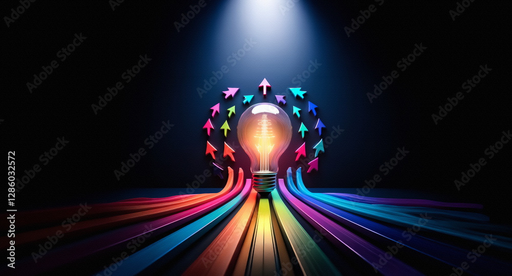 Poster a bright light bulb illuminates against a dark backdrop, encircled by colorful arrows pointing towar