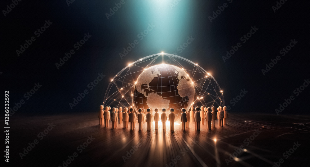 Leinwandbilder A luminous globe encircled by interconnected figures, symbolizing global network and unity.  People stand together, illuminated by a spotlight, representing worldwide collaboration and future connecti