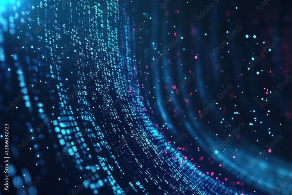 Poster digital waves of vibrant blue and pink binary code cascading through a dark virtual landscape at nig