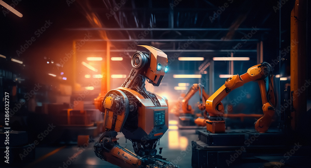 Aufkleber humanoid robot in an industrial factory setting, robotic arms visible in the background under bright