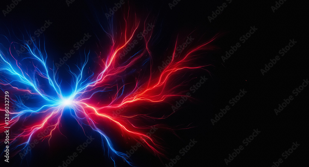 Poster Vibrant streams of red and blue energy emanate from a central point, creating a dynamic and abstract display against a dark background.