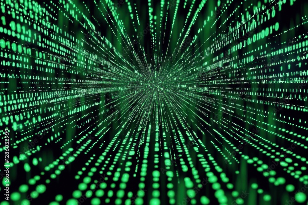Poster exploring a digital universe filled with luminous green data streams in a mesmerizing matrix of info