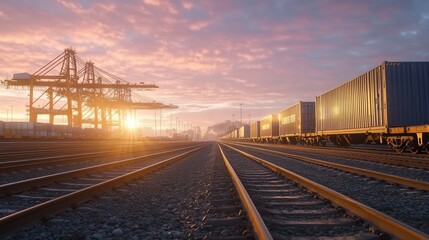 Obraz premium Sunset at cargo rail yard, containers, cranes