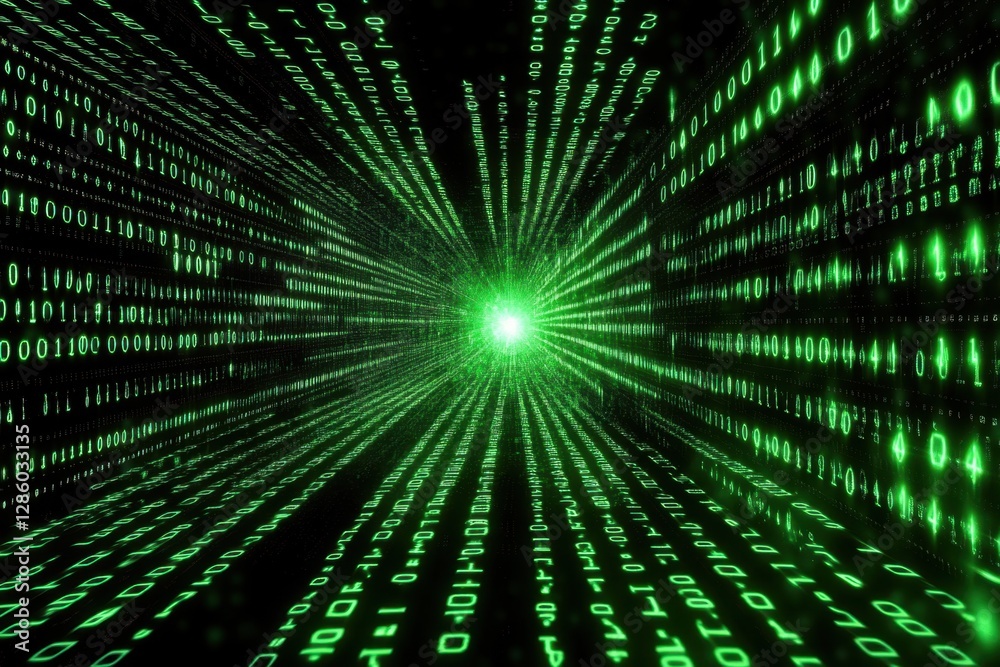 Poster Exploring the depths of a digital universe filled with streaming green binary code and glowing light. Generative AI