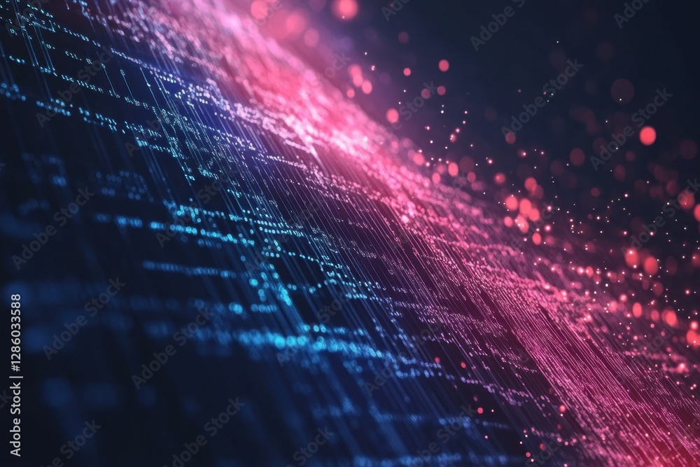 Poster vibrant digital patterns illuminate a futuristic landscape of shimmering colors and data streams at 