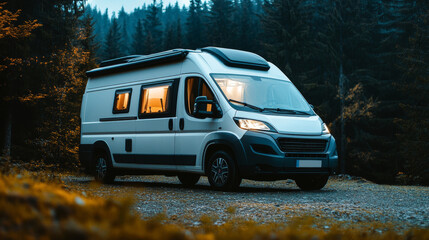 High mountains campsite at night with a Class B motorhome, perfect for alpine wild camping. Scenic road travel theme in the wilderness, ideal for outdoor adventure and camping enthusiasts
