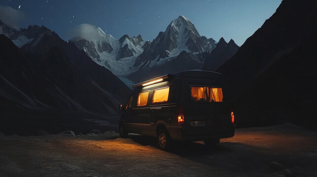 High mountains campsite at night with a Class B motorhome, perfect for alpine wild camping. Scenic road travel theme in the wilderness, ideal for outdoor adventure and camping enthusiasts