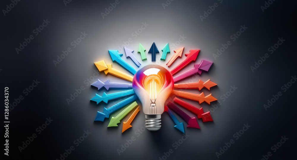 Aufkleber Bright lightbulb surrounded by colorful arrows pointing outwards on a dark background. Symbolizing ideas, innovation, and directions. Conceptual image.