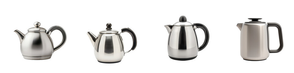 Obraz premium Assortment of elegant and modern teapots coffee pots and kettles in stainless steel ceramic and metallic finishes displayed on a simple minimalist background