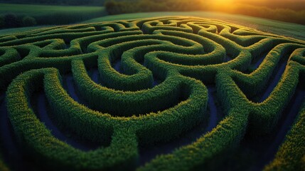Naklejka premium Lush hedge maze at sunset