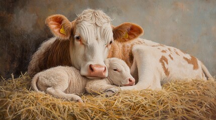 Obraz premium Cow and lamb resting together on hay, showcasing a tender moment of interspecies friendship.