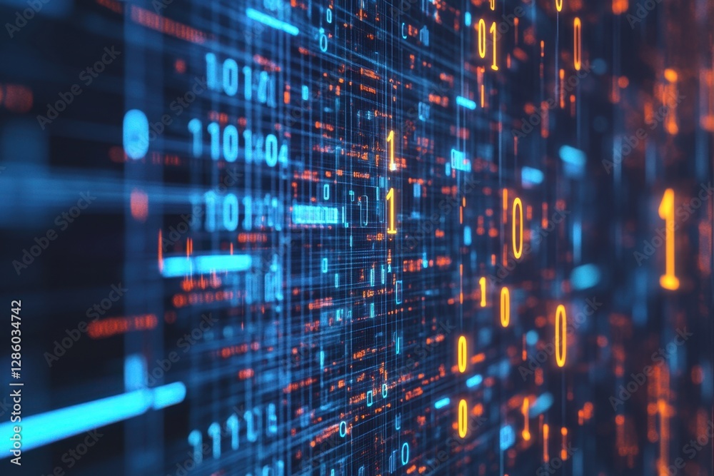 Poster Digital landscape filled with glowing binary code symbolizes the essence of technology and data in modern communication. Generative AI