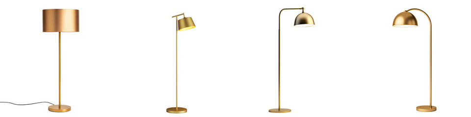 Collection of sophisticated and elegant golden lamps in various contemporary designs suitable for modern home office and studio decor to create a warm cozy and illuminating ambiance