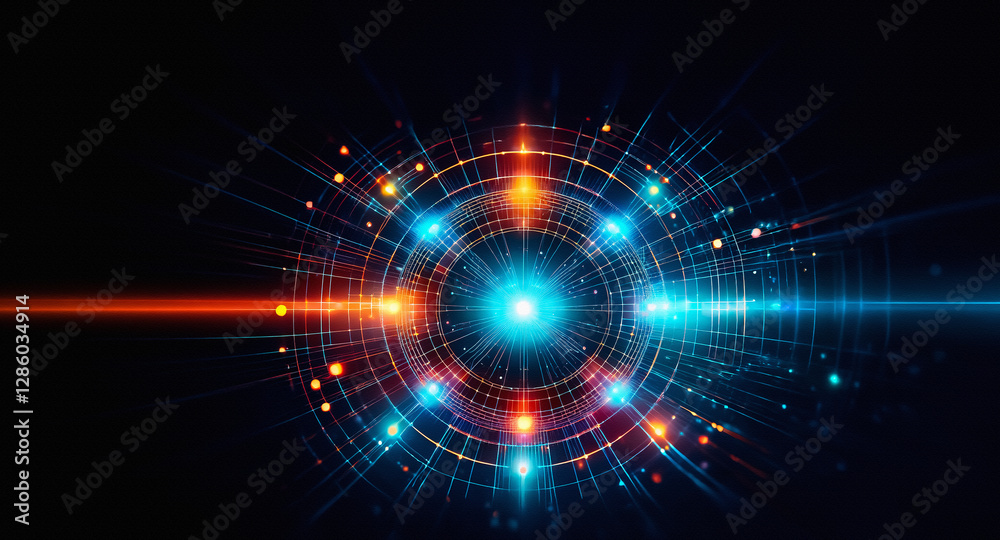 Poster abstract circular design with glowing blue and orange lights on a dark background. symmetrical and f