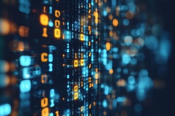 Obraz premium Digital matrix streams glow vibrantly in blue and orange lights, representing the world of data and technology. Generative AI
