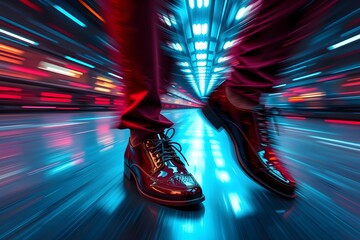 Stylish man dancing in neon tunnel with motion blur