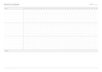 A monthly plan template with a simple and minimal style. Note, scheduler, diary, calendar planner document template illustration.